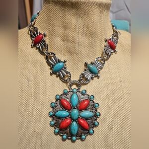 Turquoise and Red Statement Necklace 18"